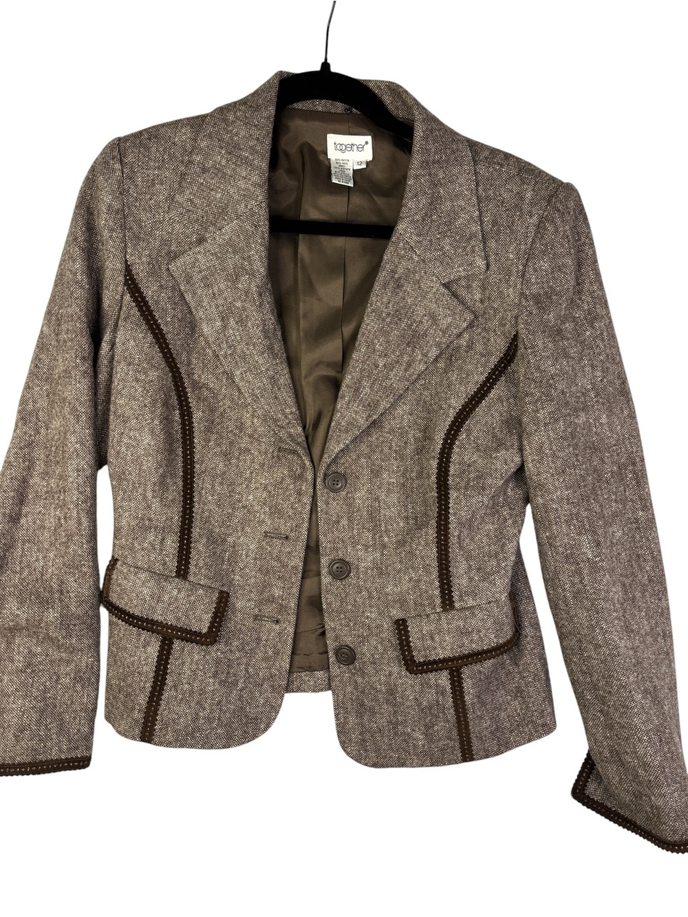Together Taupe Tweed Blazer with Brown Trim